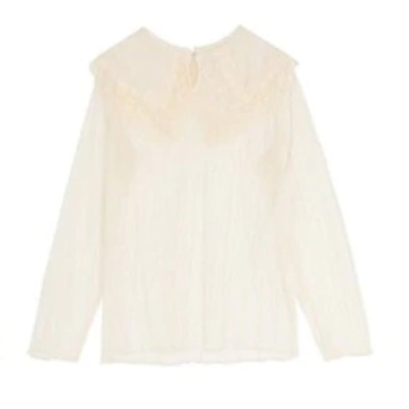 Cream Big Collar See-Through Blouse - Picture 6 of 6